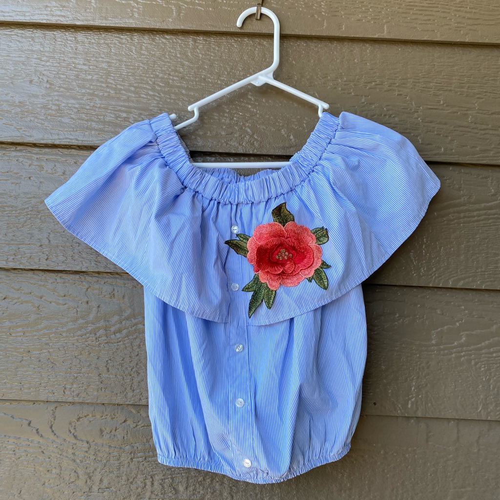 Charlotte Russe Top Off Shoulder Blue White Striped , Flower